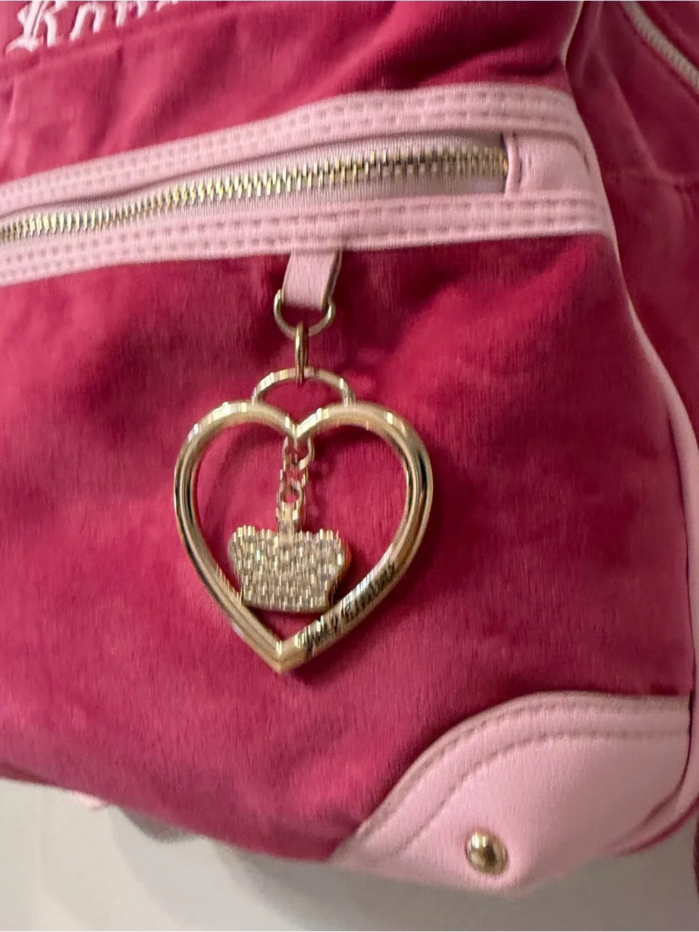 Juicy Couture Royal Pink Velour Backpack Rhinestone Crown Heart Charm Y2K